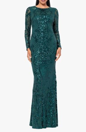 Betsy & Adam Sequin Long Sleeve Mermaid Gown in Emerald at Nordstrom, Size 12