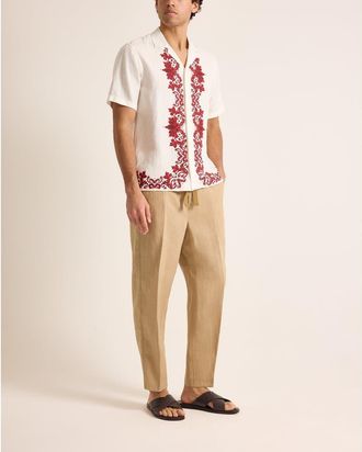 Orlebar Brown Maitan Linen Relaxed Fit Linen Mirabello Border Shirt in White/vermillion at Nordstrom, Size Xx-Large