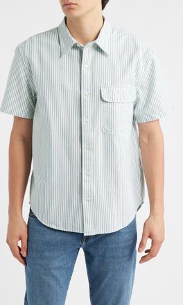 Madewell Allday Oxford Single Pocket Short Sleeve Button-Up Shirt in Green Stripe at Nordstrom, Size Xx-Large