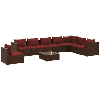 vidaXL Set Muebles De Jard&iacute;n 9 Piezas Y Cojines Rat&aacute;n Sint&eacute;tico Marr&oacute;n Vidaxl