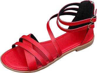 Generic Summer Womens Slim Fairy Style Casual Flat Bottomed Minimalist Beach Resort Roman Style Sandals for Comfort (Red, 6.5)