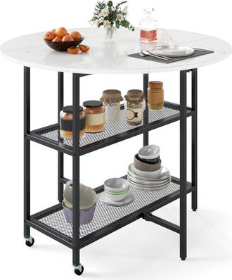 Costway 100cm Round Kitchen Table Modern Dining Table w/Drop Leaf Tabletop-White