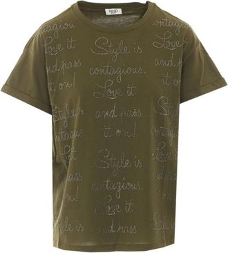 Liu Jo T-shirt met strass-versiering en ronde hals - Dames - T-shirts - Groen - XS - Katoen - Tops