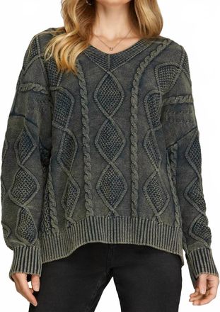 She + Sky Julie Cotton Cable Knit Fisherman Sweater In Olive Acid Wash
