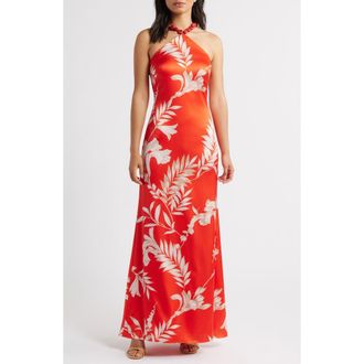Vince Camuto Beaded Halter Neck Satin Gown in Red at Nordstrom, Size 14