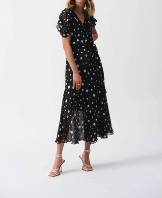 Joseph Ribkoff Dot Chiffon Belted Wrap Dress In Black/vanilla