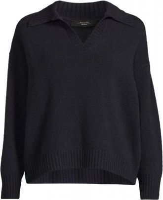 Max Mara Agre Wool Polo Sweater - Dames - V-hals truien - Blauw - L - Wol - Truien & Vesten