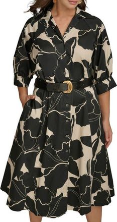 DKNY Printed Belted Midi Shirtdress in Black/Parchment at Nordstrom, Size 22W