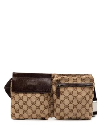 Gucci 2000-2015 GG Canvas Double Pocket belt bag - unisex - Calf Leather/Canvas/Leather - One Size - Brown