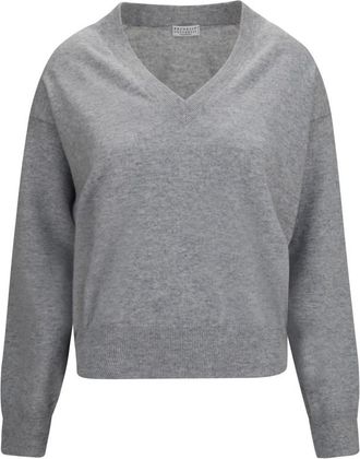 Brunello Cucinelli Grey Solid V Neck Sweater