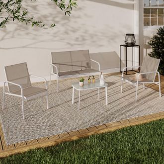 IDMarket Conjunto De Muebles De Jard&iacute;n Tolede Bajo De 4 Plazas Con Sof&aacute;, Sillones Y Mesa En Blanco Y Beige