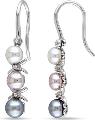 Amour White, Pink and Grey Cultured Freshwater Pearl and Diamond Drop Earrings In Sterling Silver