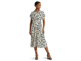 Lauren Ralph Lauren Leaf-Print Belted Crepe Dress Womens Dress Cream/Black : 2, Polyester