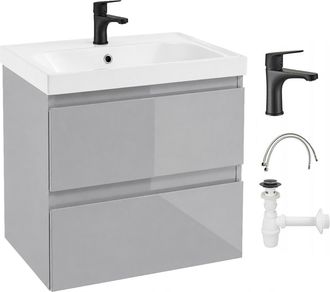 OEM Mueble De Ba&ntilde;o Suspendido Con Lavabo Y Grifo Negro, Gris Brillante, 60 Cm Diamente