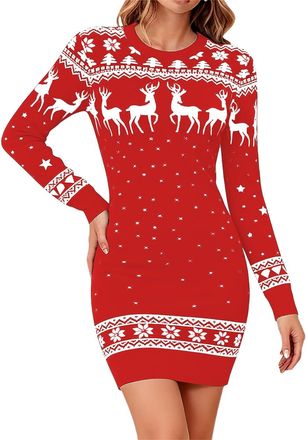 Generic Christmas Dress for Women Knitted Novelty Reindeer Snowflakes Print Ladies Xmas Dress Long Sleeve Crew Neck Christmas Sweater Pullover Mini Tunic Knit