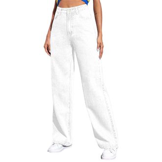 Generic DUHGBNE Elastic Waist Jeans for Women UK Denim Jeans for Women UK Straight Leg Y2K High Waisted Baggy Elastic Waist Trousers Casual Palazzo Pants Ligh