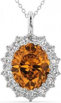 Allurez Oval Citrine & Diamond Halo Pendant Necklace 14k White Gold (6.40ct)