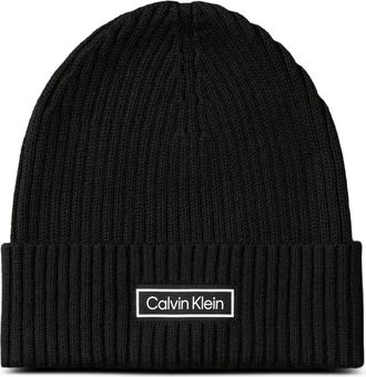Calvin Klein logo-patch ribbed beanie - men - Cotton/Cashmere - One Size - Black