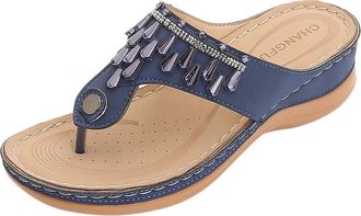 Generic Leather Sandals For Women Fashion Leather Sandals Rhinestone Embellished Sandal Comfortable Wedge Sandal Solid Color Thong Shoes Soft Slip On Shoes No