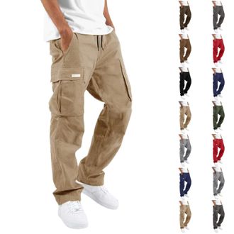 Generic Mens Cargo Trousers Multi Pockets Classic Jogging Bottom Straight Leg Druable Work Trousers Stretchy Drawstring Solid Color Cargo Sweatpants Street Le