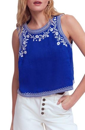 Boden Sofia Embroidered Linen Top in Blue Embroidery at Nordstrom, Size 2