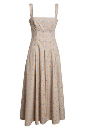 Lela Rose Caitlin Floral Print Cotton Midi Dress in Sand/Oxford at Nordstrom, Size 2
