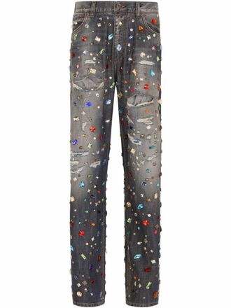 Dolce & Gabbana rhinestone-embellished straight-leg jeans - women - Cotton - 36 - Blue