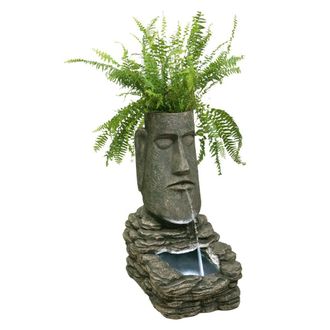 PRIMROSE Solar Powered Water Feature Easter Island Head Planter Lights 73cm in Brown