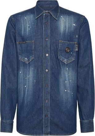 Philipp Plein Denim Shirt Lange Mouw Skull&Bones - Heren - Spijkeroverhemden - Blauw - S - Denim - Overhemden