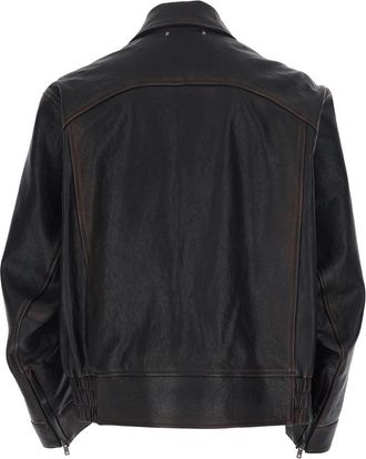 Golden Goose Mens Leather Jacket Brown Aged Effect Ovine Coat