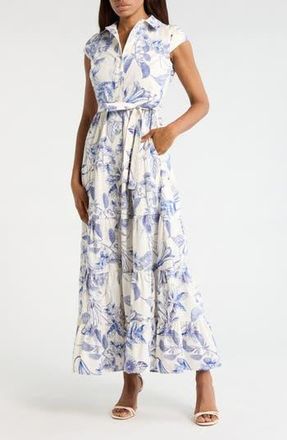 Avec Les Filles Floral Cap Sleeve Cotton Shirtdress in Porcelain Flower at Nordstrom Rack, Size 14