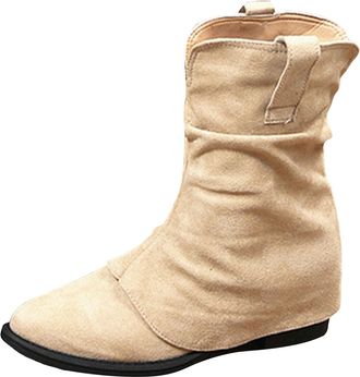 Generic Fold over Cowboy Boots for Women Modern Western Cowgirl Boots Mid Calf Pointed Toe Chunky Heel Slouchy Suede Fall Winter Boots with Pull on Tabs