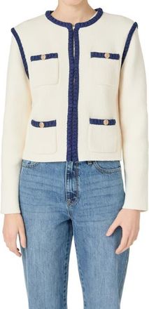 endless rose Braided Trim Knit Jacket in Cream/Black at Nordstrom, Size Medium