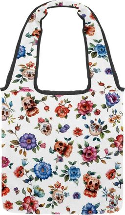 Generic Art Sugar Skull Flower Reversible Canvas Shoulder Tote - Double-Sided Print, 12oz Cotton, 27cm Drop, Fold-Flat Bag for Travel, Shopping, Street Outing