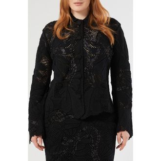 Marina Rinaldi Embroidered Mesh Cotton Blend Cardigan in Black at Nordstrom, Size Medium