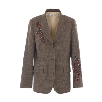 Liu Jo Geruite blazer met juweelborduursel - Dames - Jassen - Bruin - Maat: L Zijde