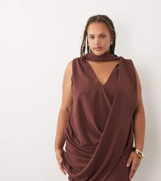 Asos Curve ASOS DESIGN Curve - Vestito corto drappeggiato avvolgente color cioccolato con sciarpa-Marrone
