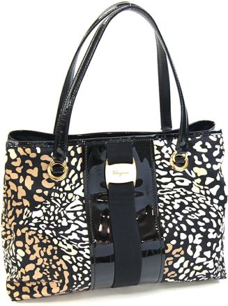 Ferragamo Beige Black Nylon Leather Tote Bag (Pre-Owned)