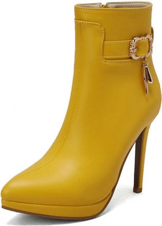 Generic Womens boots with pointed toe and stiletto heel - platform and metal buckle for evening occasions,Yellow,5.5 UK