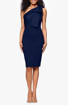 Betsy & Adam Bow Detail One-Shoulder Scuba Crepe Cocktail Sheath Dress in Navy at Nordstrom Rack, Size 8