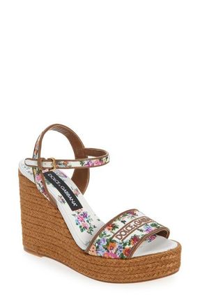 Dolce & Gabbana Floral Embroidered Espadrille Wedge Sandal in Bianco/Multicolor at Nordstrom, Size 10Us