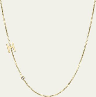 Zoe Lev Jewelry 14k Gold Asymmetrical Initial and Bezel Diamond Necklace
