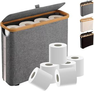 OEM Portarrollos De Papel Higi&eacute;nico Para 12 Rollos, Cesta Estrecha Con Tapa, Ideal Para El Ba&ntilde;o, Fabricado En Lona Resistente Tipo Lino, Con Patas De Goma