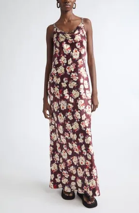 Paco Rabanne Floral Chain Strap Silk Satin Gown in Flower Trim Purple/yellow at Nordstrom, Size 42