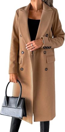 Generic Womens Mid-Long Wool Trench Coat Notched Lapel Double Breasted Wool Blend Overcoat Winter Coats for Women, Khaki, L