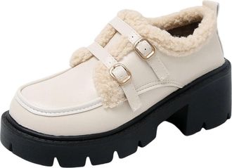 Generic Beige Womens Warm Loafers One Foot Round Toe Thick Heel Mid Heel for Winter Fashion and Function Ideal for Walking and Standing with Cushioned Footbed