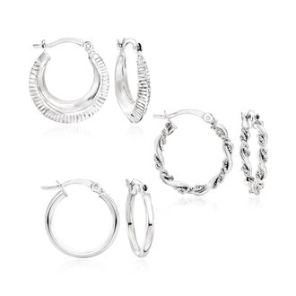 Ross-Simons Sterling Silver Jewelry Set: 3 Pairs Of Textured and Polished Hoop Earrings
