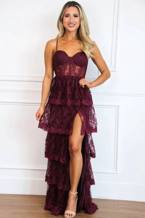 Maniju Beyond Romance Ruffle Lace Bustier Maxi Dress In Wine