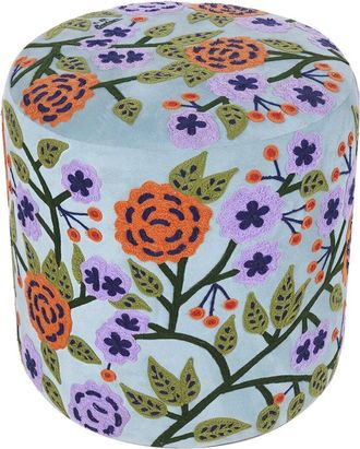 LR Home Lr Home Dahlia Velvet Floral Embroidered Handmade Ottoman