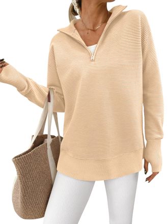 PrettyGarden Womens Long Sleeve Quarter Zip Pullover Sweater Casual Loose V Neck Collared Ribbed Knit Jumper Tops Thumb Hole, Dark Apricot, Medium